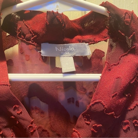Nicola by EK Burgandy Sheer Chiffon Blouse with Bow at Neckline Size L - Picture 4 of 10